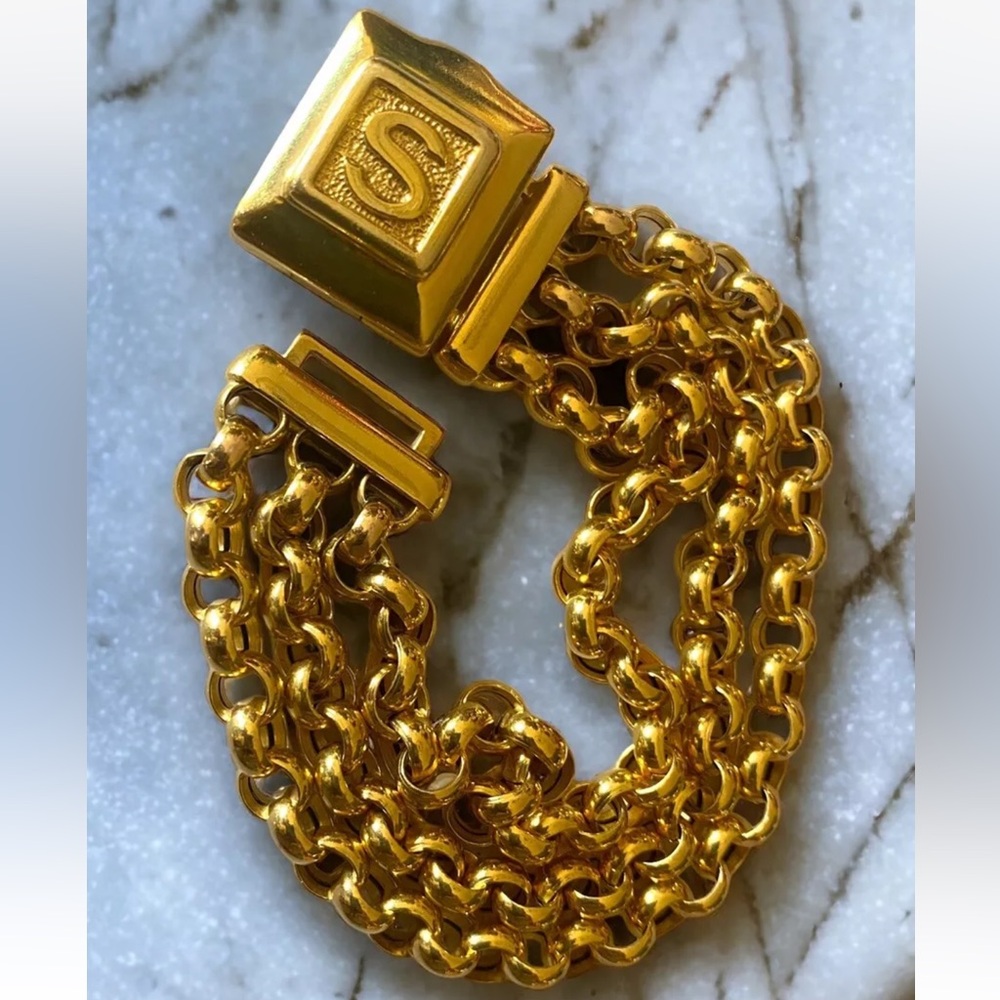Spectacular CUSTOM Vintage 14K SOLID Gold LOCKET Initial S Triple Rolo Bracelet - Picture 7 of 16